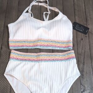 White Ribbed Bikini with Rainbow Trim